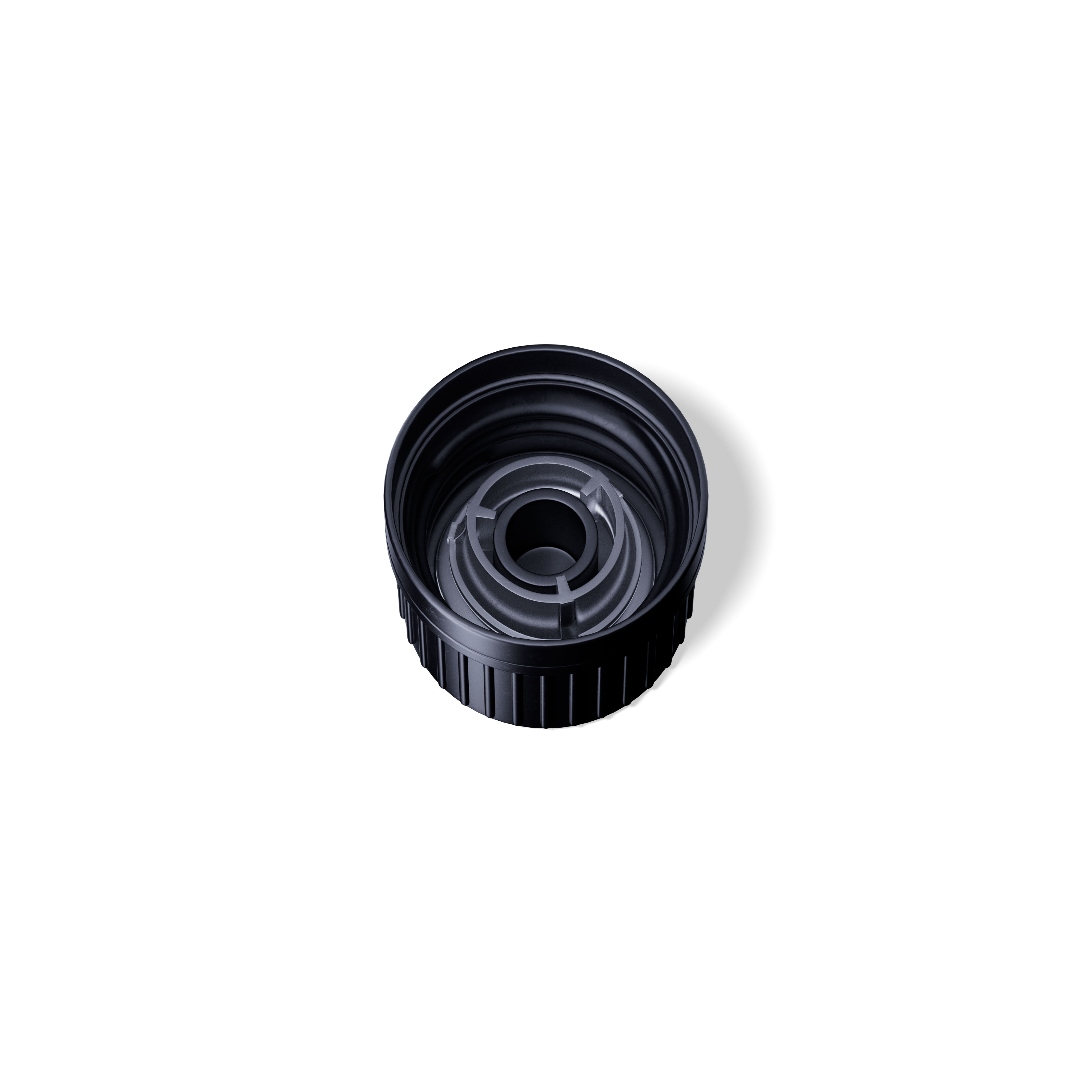 Screw cap tamper evident, DIN18, II, PEHD, black, ribbed, natural pourer PELD (Orion)