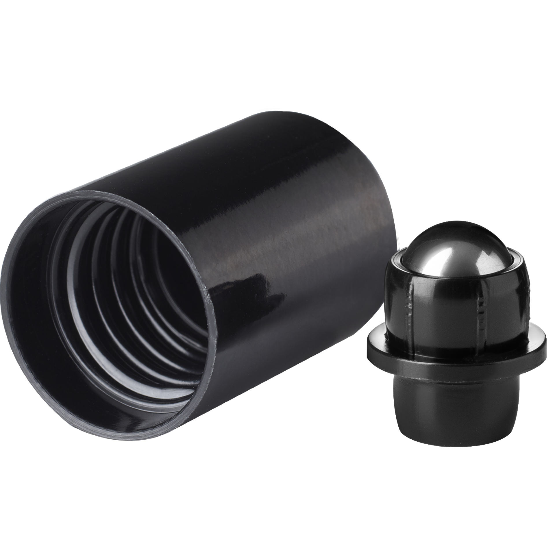 Roll-on cap DIN18, PP, black fitment, stainless steel ball, black cap (Orion) Roll-on cap DIN18, PP, black fitment, stainless steel ball, black cap (Orion)