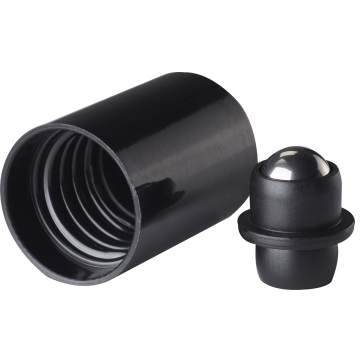 Roll-on cap DIN18, PP, black fitment, stainless steel ball, black cap (Orion) Roll-on cap DIN18, PP, black fitment, stainless steel ball, black cap (Orion)